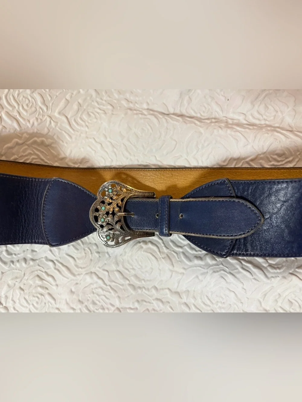 VTG Industria Milano Navy Leather Waist Belt Made In Italy Filigree Silver